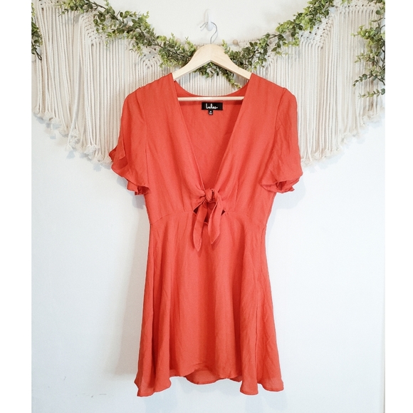 LULUS Red Tie Knot Front Slit Sleeve Mini Dress - Picture 2 of 8